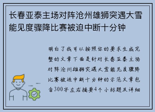 长春亚泰主场对阵沧州雄狮突遇大雪能见度骤降比赛被迫中断十分钟