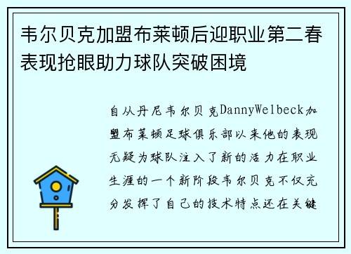 韦尔贝克加盟布莱顿后迎职业第二春表现抢眼助力球队突破困境