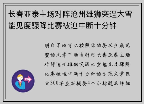 长春亚泰主场对阵沧州雄狮突遇大雪能见度骤降比赛被迫中断十分钟 长春亚泰主场对阵沧州雄狮突遇大雪能见度骤降比赛被迫中断十分钟